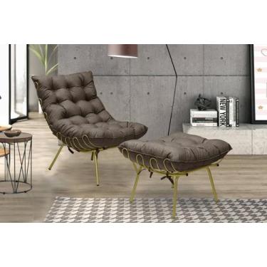 Imagem de Poltrona Costela Decorativa e Puff Adão Dourado Linho Marrom - METAL M