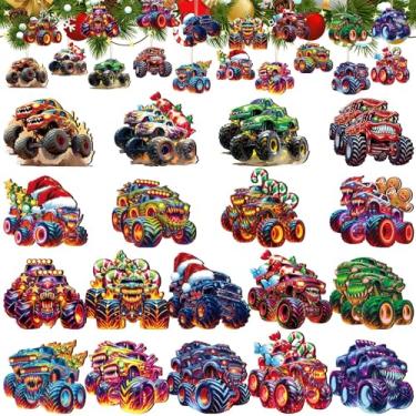 Imagem de Pinkunn Conjunto de 36 peças de enfeites de madeira para veículos de Natal, enfeites de pendurar, presentes para decoração de árvore (caminhão)