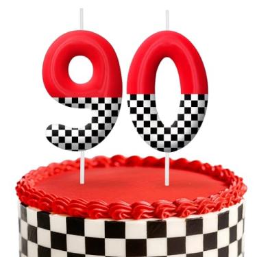 Imagem de Velas de aniversário de carro de corrida, decoração de topo de bolo de 6 cm, bandeira quadriculada número 90 velas, decorações de aniversário, decorações de bolo de festa de aniversário, suprimentos