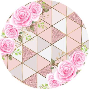 Imagem de Painel de Lona Redondo Flores Rosas e Fundo Formas com Glitter - Fabri
