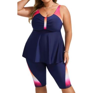 Imagem de Maiô Tankini Hanna Nikole feminino plus size azul marinho e rosa 3X