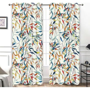 Imagem de Cortinas blecaute floral com folhas coloridas, boêmia, primavera, verão, outono, inverno, natureza, planta, arte moderna, cortinas de janela, 2 painéis para sala de estar, quarto, cozinha, café, 107 x