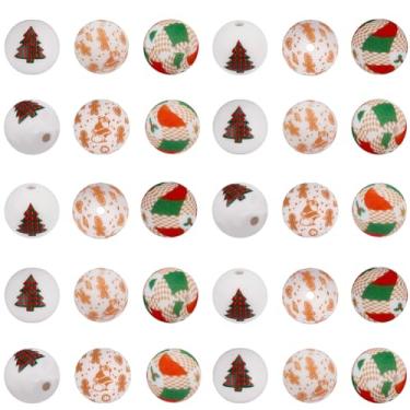 Imagem de SUNNYCLUE 1 caixa, 30 peças, 3 estilos, contas de silicone natalinas de 15 mm, contas focais, bola redonda colorida, árvore de Natal, borracha de inverno, espaçador, solta, lisa, achados para canetas