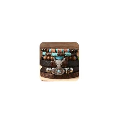 Imagem de LAKIYOYO Pulseiras turquesa ocidentais vintage empilháveis Western Cowgirl Boho cabeça de boi cacto cruz vaca stretch berloque joias (ESTILO 4)