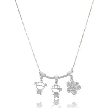 Imagem de Drusi Semi Joias, Colar Canga Zirconias Com Casal e Patinha Pet Folheada A Ródio Branco