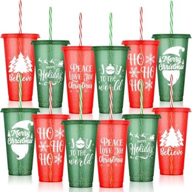 Imagem de Kochorie 12 peças de copos de plástico de Natal a granel 680 g copos de Natal reutilizáveis com tampas e canudos copo de plástico grosso para presente de Natal, suprimentos de festa, 6 estilos