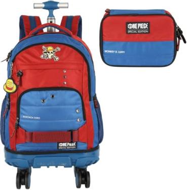Imagem de Mochila Infantil Rodinhas One Piece com estojo 100 Pens Vermelho