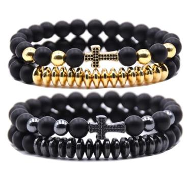 Imagem de HYHONEY Pulseira de contas micro pavê de zircão coroa rei 8 mm para homens e mulheres pulseira de casal preto natural fosco ônix contas de hematita elástico ajustável, One Size, Pedra, Zircônia