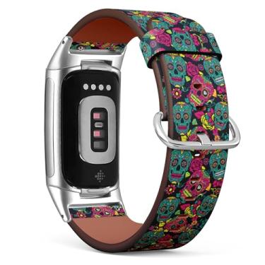 Imagem de MRAKPLGE Pulseira de relógio, estampa colorida de caveira de açúcar Day Dead, compatível com Fitbit Charge 6 / Fitbit Charge 5, pulseira de couro vegano de substituição, pulseira para homens e