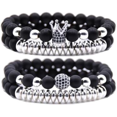 Imagem de HYHONEY Pulseira de contas micro pavê de zircão coroa rei 8 mm para homens e mulheres pulseira de casal preto natural fosco ônix contas de hematita elástico ajustável, One Size, Pedra, Zircônia