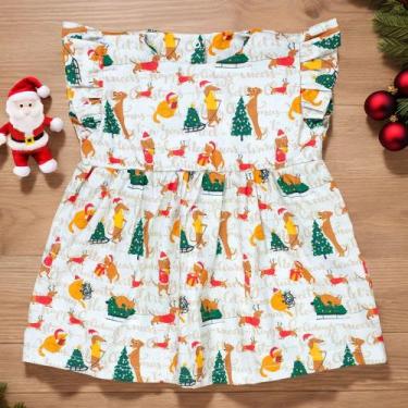 Imagem de Vestido Para Bebê Tricoline Com Babado Natal Encantado Bege - Era Uma 