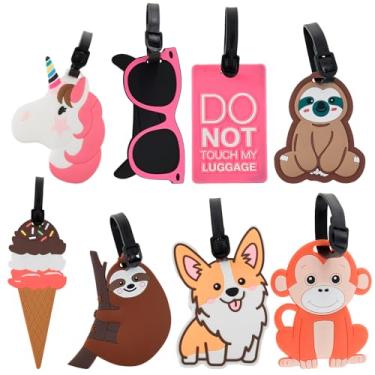 Imagem de XYDHQS 8 peças de etiquetas de bagagem de desenho animado para malas, etiquetas de identificação de bagagem de viagem multiuso de PVC com alça ajustável para malas, bolsa de viagem, bolsa escolar