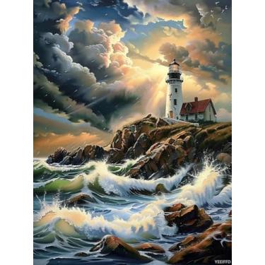 Imagem de YEEIFFD Lighthouse Diamond Painting by Number Lighthouse Diamond Art Conjunto de pintura de diamante para iniciantes decoração de parede para casa adulto 30 x 40 cm
