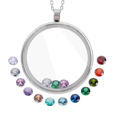 Imagem de AHANDMAKER Colar de medalhão redondo flutuante de aço inoxidável de 40 mm com 36 pingentes de pedra de vidro de cristal de pedra do mês de nascimento para fotos com memória viva para joias de amizade