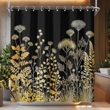 Imagem de Wegklazax Cortina de chuveiro de poliéster aquarela floral e botânica dourada para banheiro elegante conjunto de cortina de chuveiro de samambaia dourada e flores silvestres com 12 ganchos 182 x 182