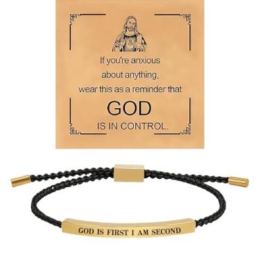 Imagem de Pulseira feminina God Is First I Am Second com corda tubular, ouro, prata, inspirar fé cristã, motivacional, letra feita à mão, bíblia, trançada, ajustável, joia de aço inoxidável para presente, Large