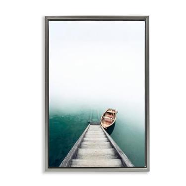 Imagem de Stupell Industries Arte de parede em tela flutuante emoldurada cinza barco na parte inferior das escadas, design por Sisi e Seb, 25 x 17