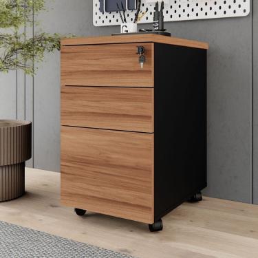 Imagem de Gaveteiro Móvel Escritório 3 Gavetas e Chave com Rodízios e Puxadores Metálicos Corporate Nogal / Preto