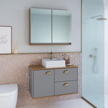 Imagem de Gabinete de Banheiro 80cm 100% Mdf com Espelheira 2 Portas com Cuba Lívia Freijó/Urbi