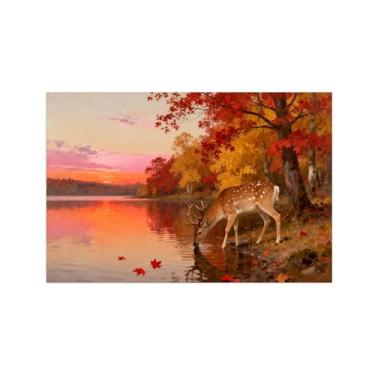 Imagem de Quadro parede outono-Árvore veado bebendo água Impressões em tela paisagens-Pintura animais para sala estar decoração fazenda 20x30cm Sem Moldura