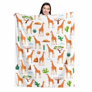 Imagem de Cobertor de girafa e cacto para crianças, 152 x 203 cm, cobertor de flanela para sofá-cama, macio e aconchegante para decoração de quarto com tema de animais