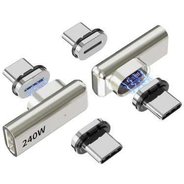 Imagem de Tciogrxp Adaptador magnético USB C de 240 W, conector macho para fêmea USB-C de ângulo reto de 90 graus, transferência de dados de 40 Gbps, saída de vídeo 4K, adaptador USBC de ângulo reto para