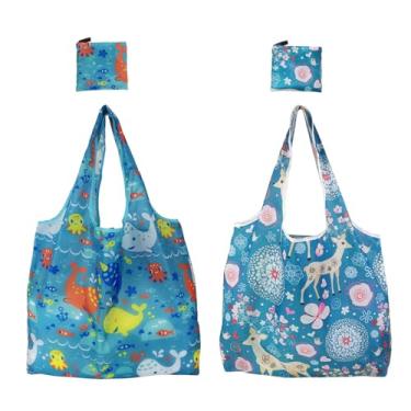 Imagem de 2 sacolas de compras grandes reutilizáveis, laváveis na máquina. Podem ser dobradas e colocadas nos bolsos., Azul, 2PCS