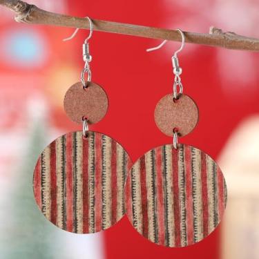 Imagem de Brincos de Natal femininos com estampa de linhas verdes vermelhas e brincos pendentes redondos de Natal, acessórios de bijuteria de fantasia, 2inch, Madeira, Sem pedra preciosa