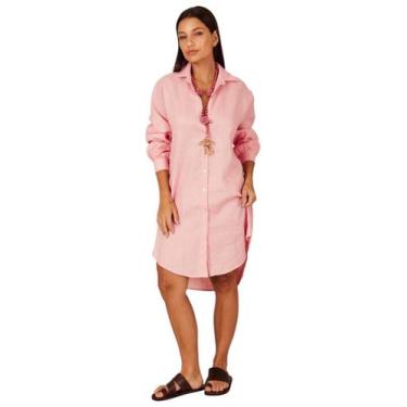 Imagem de Chemise Clássica De Linho Alongada Rosa Claro Yacamim P5 Liso, G, Rosa