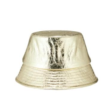 Imagem de Bonés de pescador femininos brilhantes de couro real rachaduras de aba curta coreana prata dourada bacia Chapeu ouro 55-57 cm