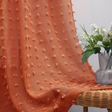 Imagem de KOUFALL Cortinas Boho Laranja 153 cm de Comprimento para Quarto de Bebé 2 Painéis Faux Butterfly Pom Pom Tufted Floral Sheer Cortina para Quarto