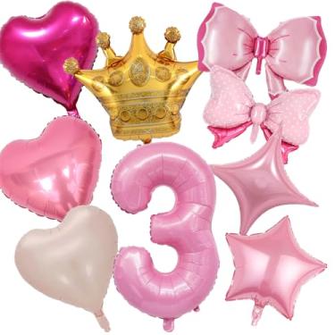 Imagem de Decorações de 3º aniversário para meninas, conjunto de balões de princesa rosa com número 3 de 101 cm, balões grandes de folha de hélio, coroa de mylar, balão para decoração de festa de chá de bebê de