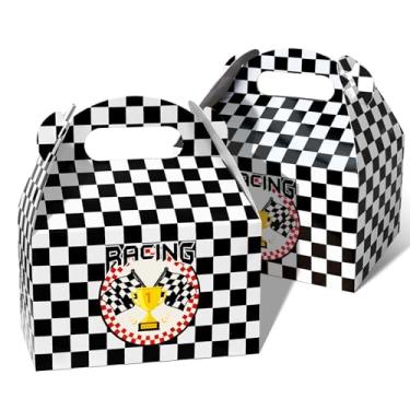 Imagem de 24 caixas de lembrancinhas de festa de carro de corrida, suprimentos de festa de aniversário, caixas de presente com bandeira quadriculada preta e branca com alças, sacos de doces para meninos