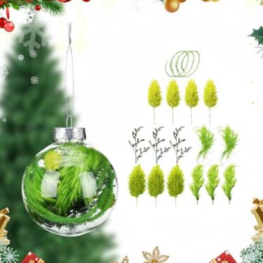 Imagem de Soulchen Enfeites de bola de Natal de 8,5 cm com flores secas verdes, enfeites de Natal de plástico transparente, bolas para artesanato, rabos de coelho, flores secas, boho, árvore de Natal, decoração