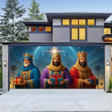 Imagem de HOMETITUTE 4 x 1,8 m Faixa de porta de garagem Dia de Reyes Dia de Reyes Natividade Homens sábios com presentes Poliéster Grande Decoração ao ar livre para Epifania Festa de Férias Igreja Escola