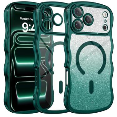 Imagem de BENTOBEN Capa para iPhone 17 Pro Max de 6,9 polegadas, [proteção total da câmera] [moldura ondulada fofa] [proteção de grau militar] transparente/verde profundo