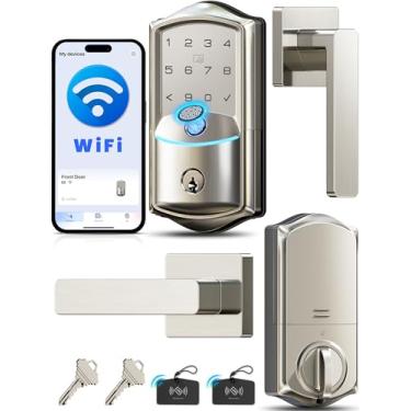 Imagem de Veise VE027-L Fechadura de porta inteligente WiFi integrada com conjunto de maçanetas, entrada sem chave de impressão digital com controle remoto de aplicativo, fechadura de teclado retroiluminada com