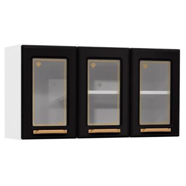 Imagem de Armário Aéreo P/ Cozinha Diamante 3 Portas C/ Vidro 105cm Branco/preto - Telasul