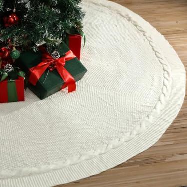 Imagem de Saia de árvore tricotada de Natal de 182 cm gigante branca grossa para árvore de Natal extragrande tricotado com cabo grosso rústico ornamentos de Natal para casa, decoração de festa de inverno