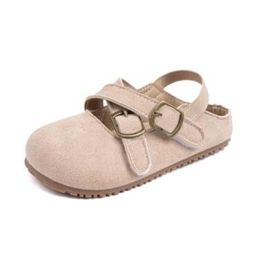 Imagem de Tamancos infantis de camurça para meninos e meninas sandálias de cortiça com fivela ajustável mules, Bege, 8.5 Toddler