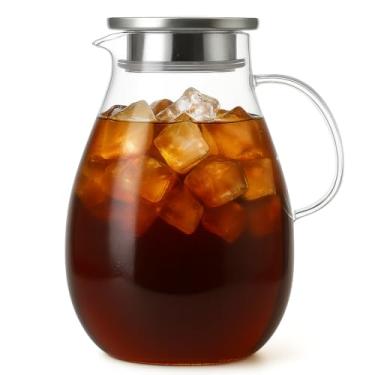 Imagem de Jarra de vidro grande de 2L com tampa – Garrafa de água quente e fria para água com infusão de suco de chá, perfeita para refeições em família e festas