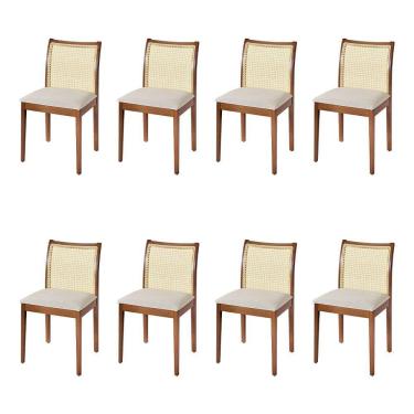 Imagem de Jogo 8 Cadeiras De Jantar Juliana Jequitibá Terra Em Madeira Maciça Encosto Palha Linho Bege