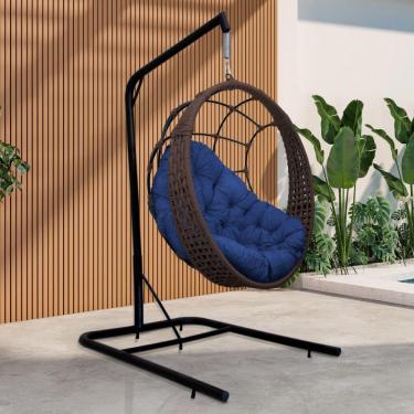 Imagem de Cadeira Balanço Ninho Suspenso Em Corda Náutica Luxo Com Suporte Marrom-azul
