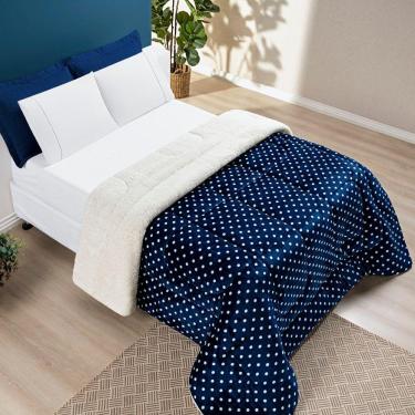 Imagem de Coberdrom Cobertor Meggy Poá Solteiro Sherpa Manta Flannel Bolinhas - Azul Marinho