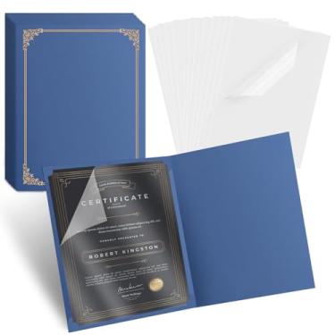 Imagem de 30 porta-certificados 20 x 27 cm adicionais 30 peças de filme plástico, capas de diploma com borda dourada para cartolina tamanho carta 21 x 28 cm, certificados, documentos (azul, 30 conjuntos)