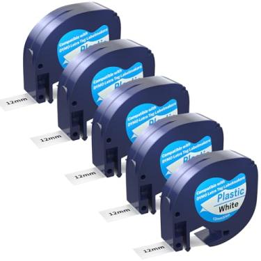 Imagem de Pacote com 5 refis para etiquetadora dymo compatível com DYMO LetraTag Label Maker refil 91331 fita plástica branca 12 mm x 4 m (1/5.1 cm x 13') para Labeler Letra Tag 200B LT 100H 100T Plus