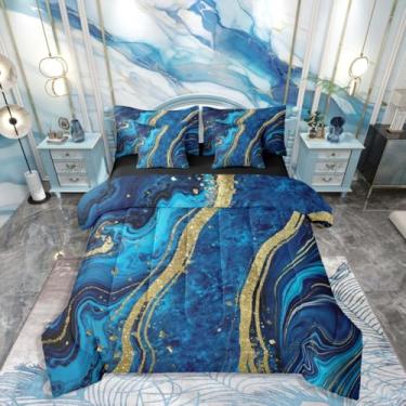 Imagem de Erosebridal Conjunto de cama King de mármore azul para mulheres e homens - Conjunto de edredom geométrico moderno chique com lençóis, cama estética marmorizada, em um saco. Conjunto de cama e coleções