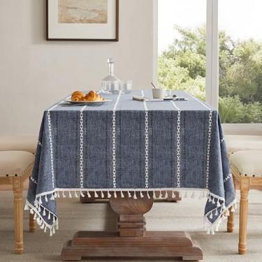 Imagem de ZeeMart Toalha de mesa boho listrada bordada com bainha 152 x 213 cm, azul marinho, toalha de mesa de linho de estopa pesada, resistente a vincos, lavável para mesa retangular