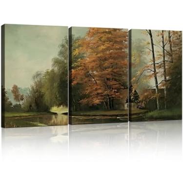 Imagem de 3 peças de arte de parede emoldurada em tela de outono com estampa de paisagem de casa de campo pôster de campo arte outono natureza galeria imagens de arte para sala de estar quarto decoração de casa