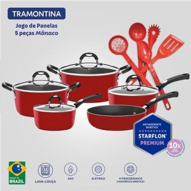 Imagem de Jogo de Panelas Mônaco Tramontina 5 Peças e Jogo de Utensílios Vermelh